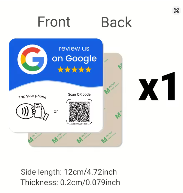 VouchCue NFC review card dimensions and adhesive backing