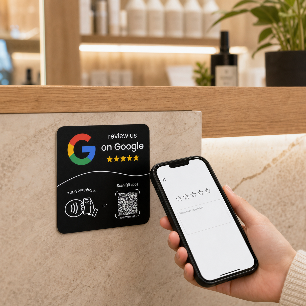 Customer using a black VouchCue NFC review card at a boutique reception