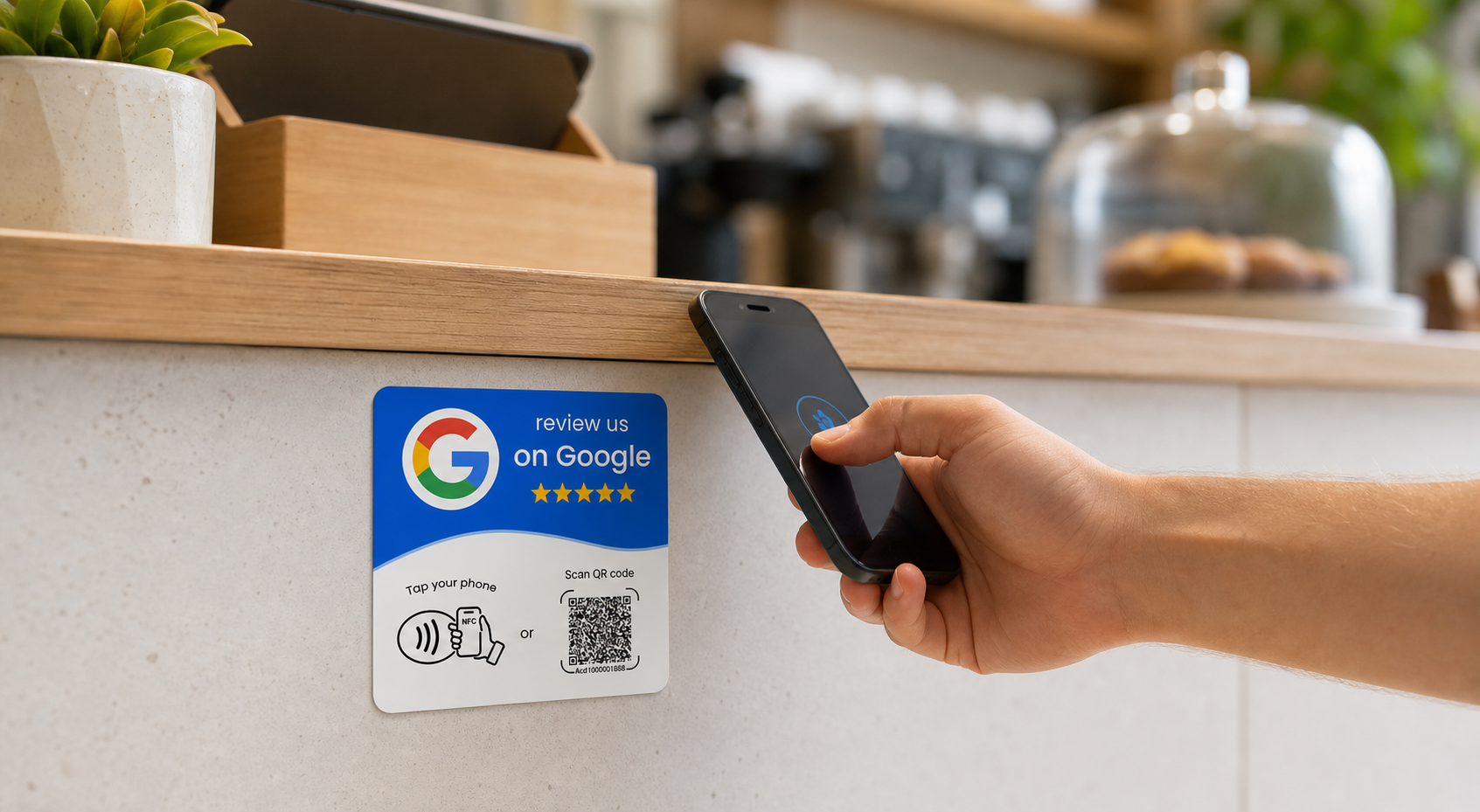 Customer tapping a VouchCue NFC Google review card at a cafe counter