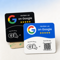 Blue and black VouchCue NFC and QR review cards in a premium studio setting
