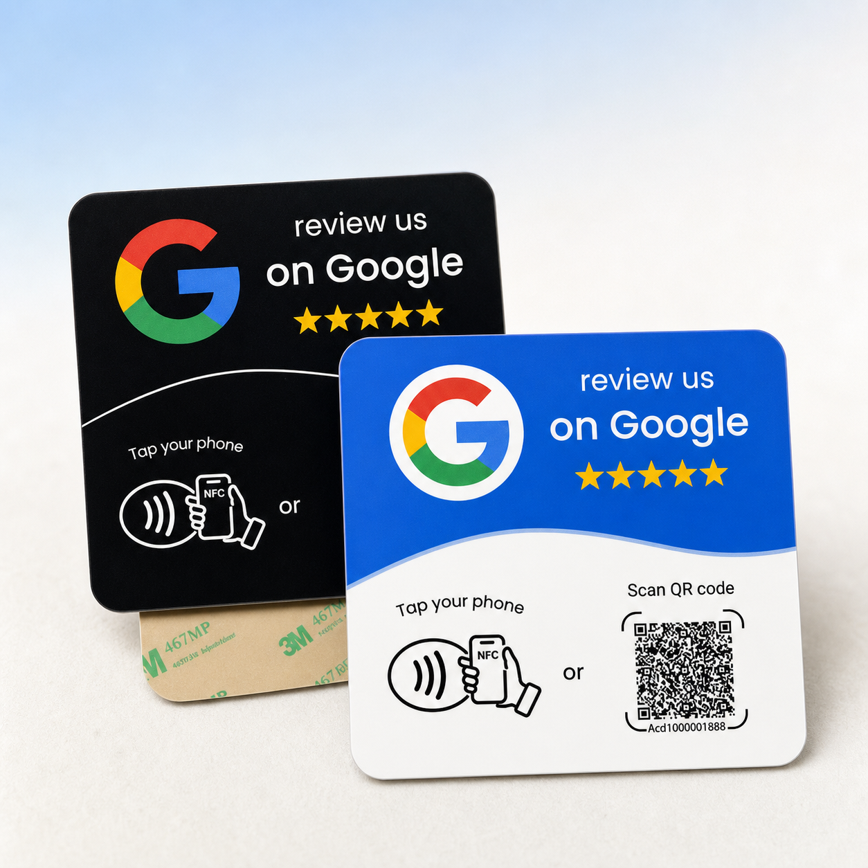 Blue and black VouchCue NFC and QR review cards in a premium studio setting